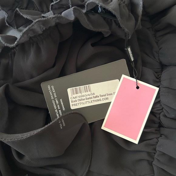 Prettylittlething black chiffon Bardot ruffle tiered dress - Picture 12 of 12